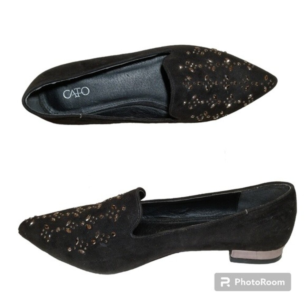 Vintage Black Faux Suede Bedazzled Pointy Toe Flats with Rose Gold Heel …